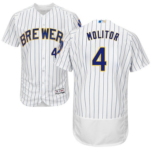 Brewers #4 Paul Molitor White Strip Flexbase Authentic Collection Stitched MLB Jersey - Click Image to Close